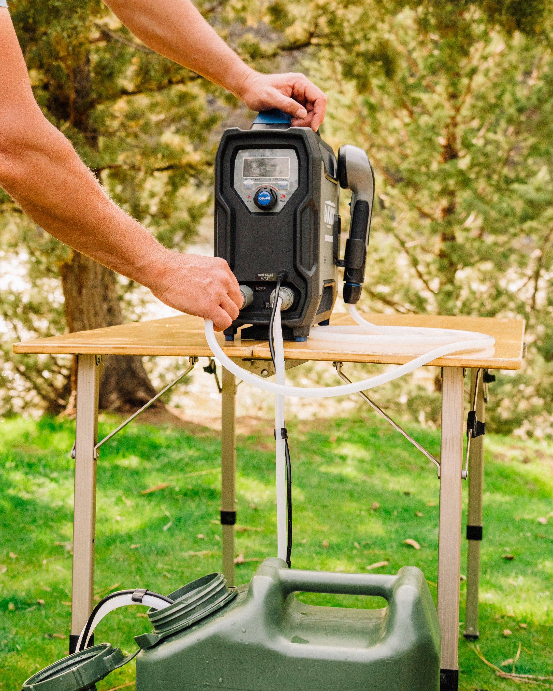 Kakadu Outback Shower easy setup twist push shower propane connection water pump