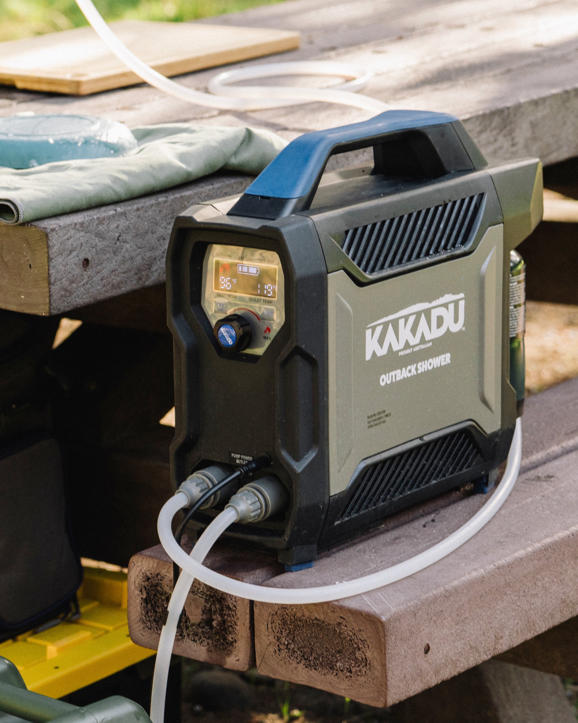 Kakadu Outback Shower integrated rechargeable LiPo lithium battery self-contained portable unit